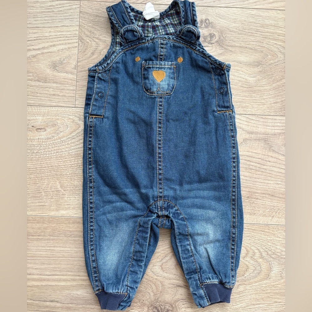 H&M Baby Denim Overalls Bear Pocket 2-4M Cute Unisex Outfit